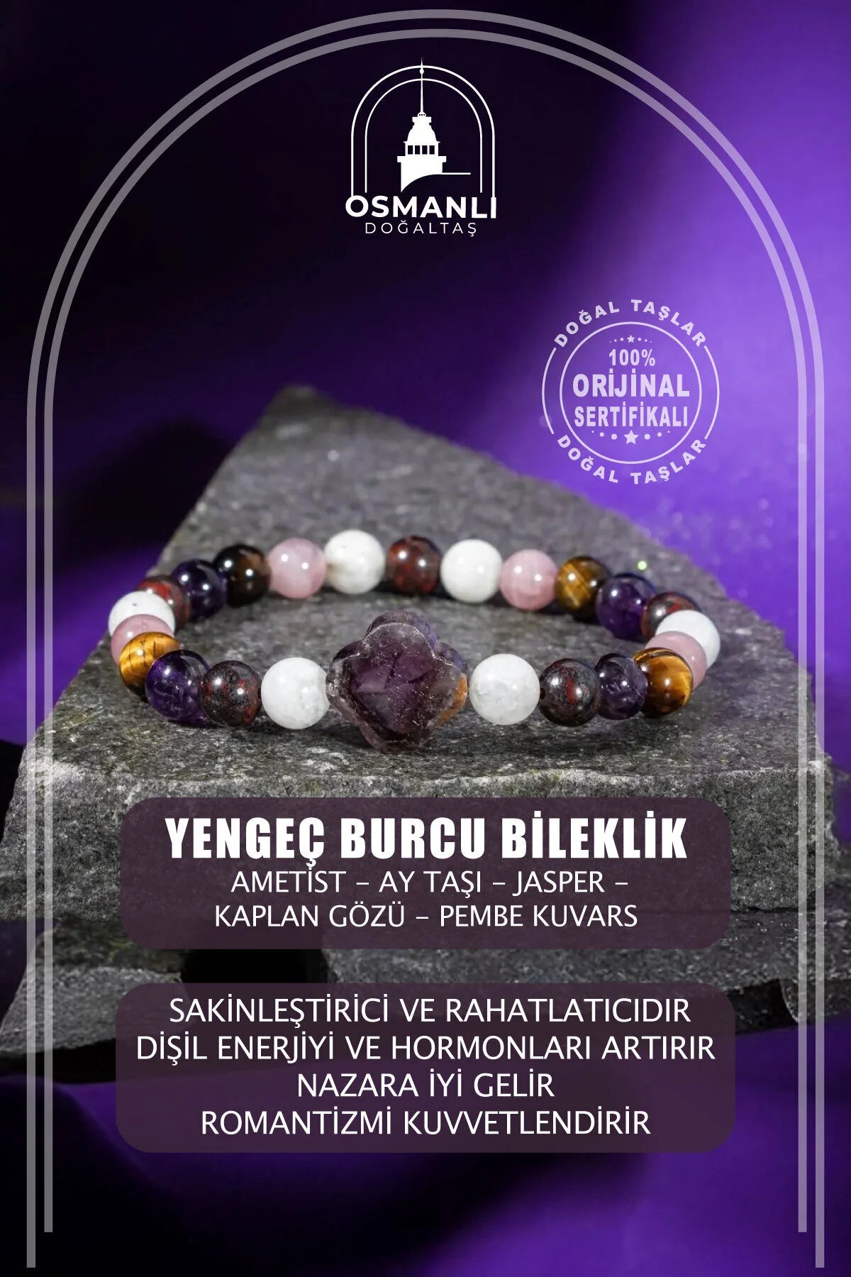 Yengeç Burcu Bileklik Ametist, Ay Taşı, Jasper, Kaplan Gözü, Pembe Kuvars