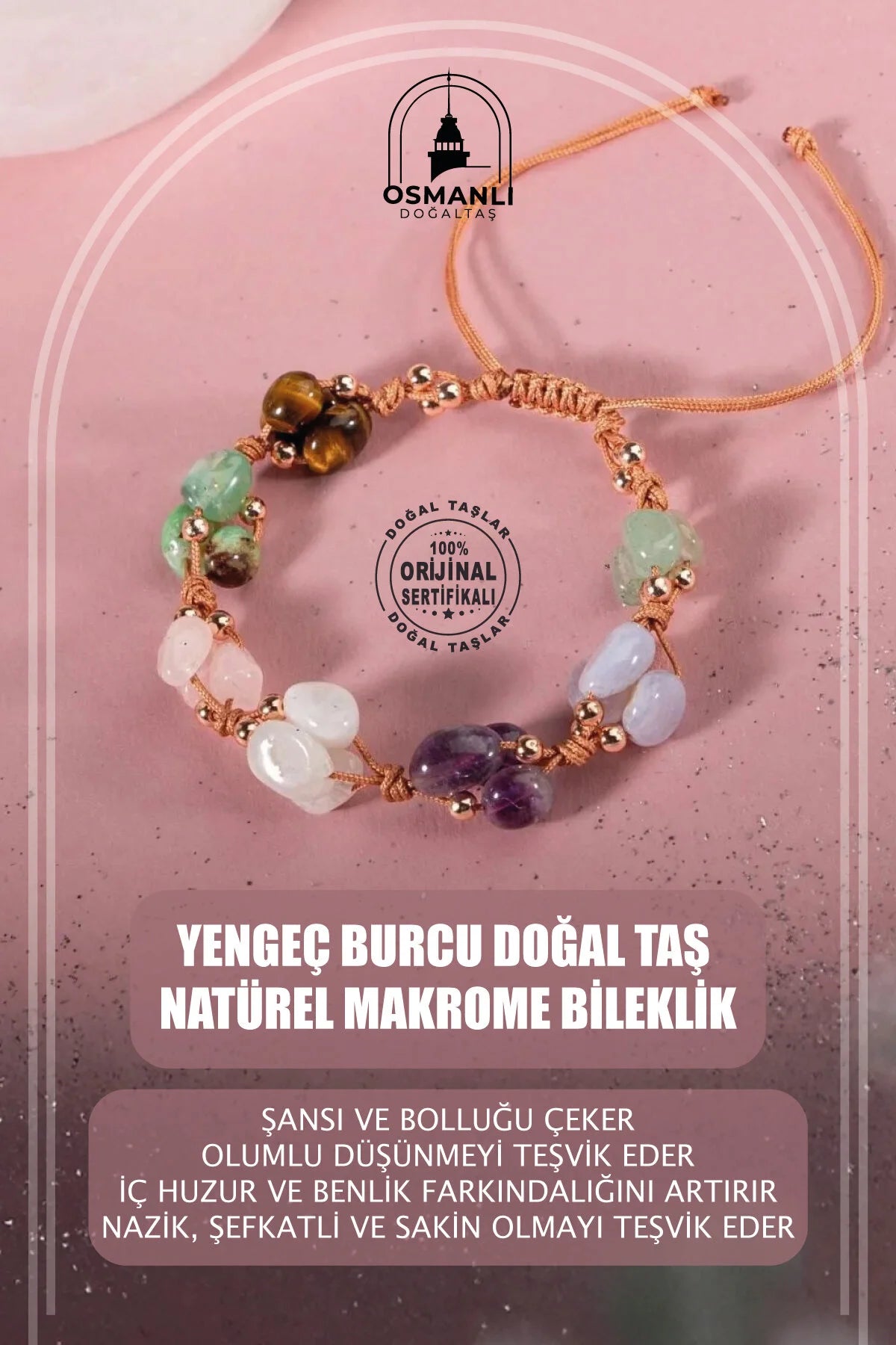 Yengeç Burcu Bileklik Ametist, Ay Taşı, Kalsedon, Kaplan Gözü, Krizopras, Pembe Kuvars, Yeşil Aventurin