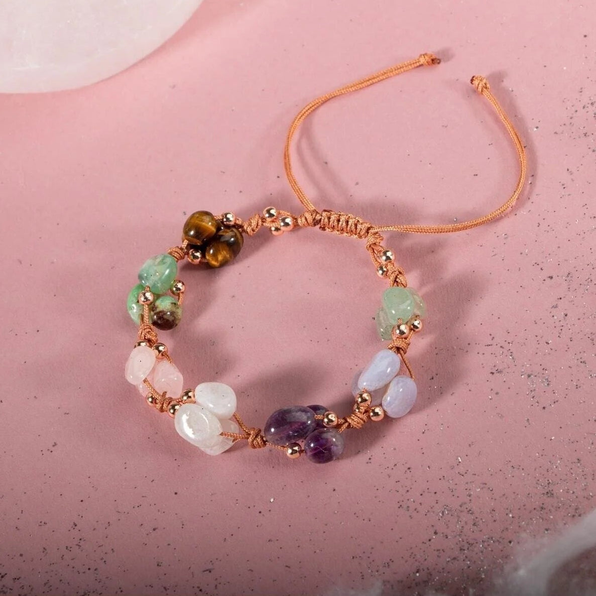 Yengeç Burcu Bileklik Ametist, Ay Taşı, Kalsedon, Kaplan Gözü, Krizopras, Pembe Kuvars, Yeşil Aventurin