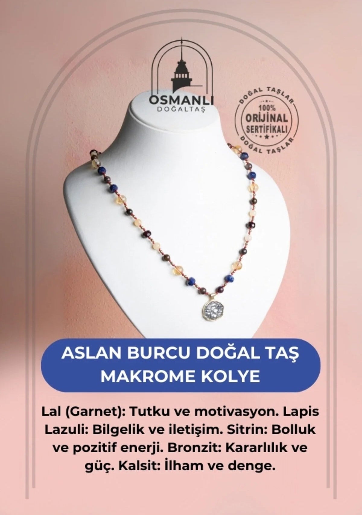 Sertifikalı Aslan Burcu Doğal Taş Makrome Kolye