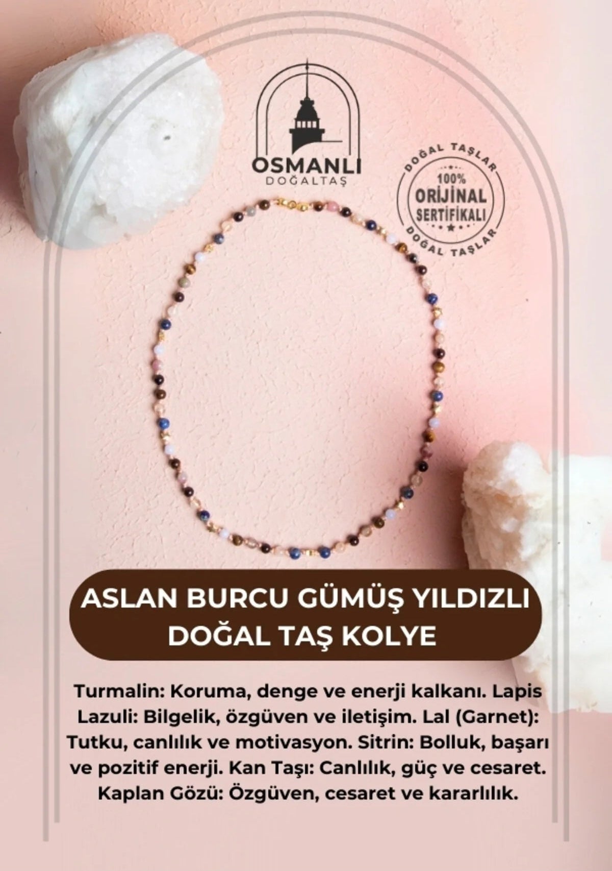 Sertifikalı Aslan Burcu Gümüş Yıldızlı Doğal Taş Kolye