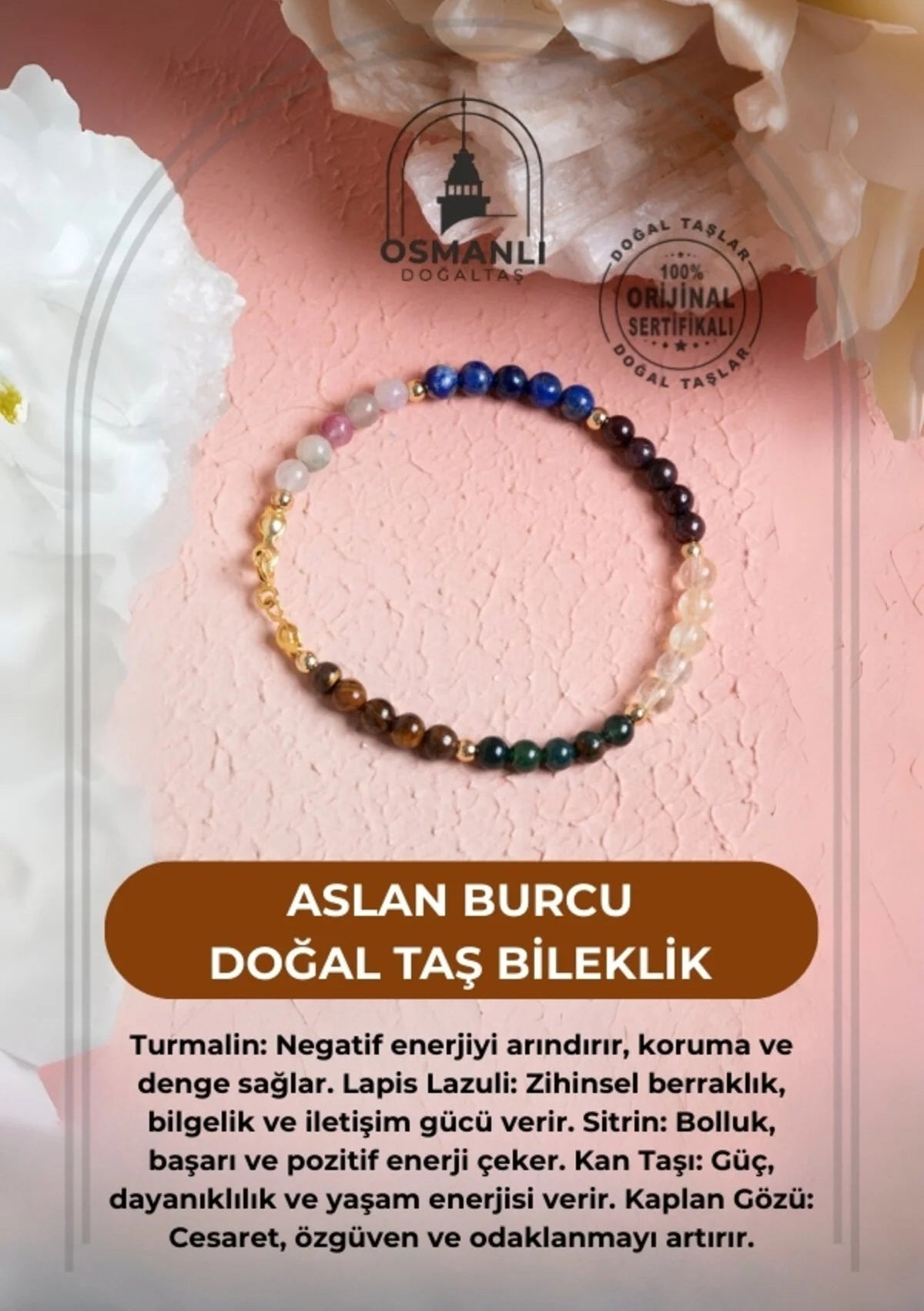Sertifikalı Aslan Burcu Doğal Taş Bileklik