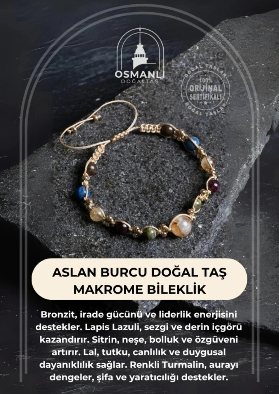 Sertifikalı  Doğal Taş Makrome Bileklik-Aslan Burcu
