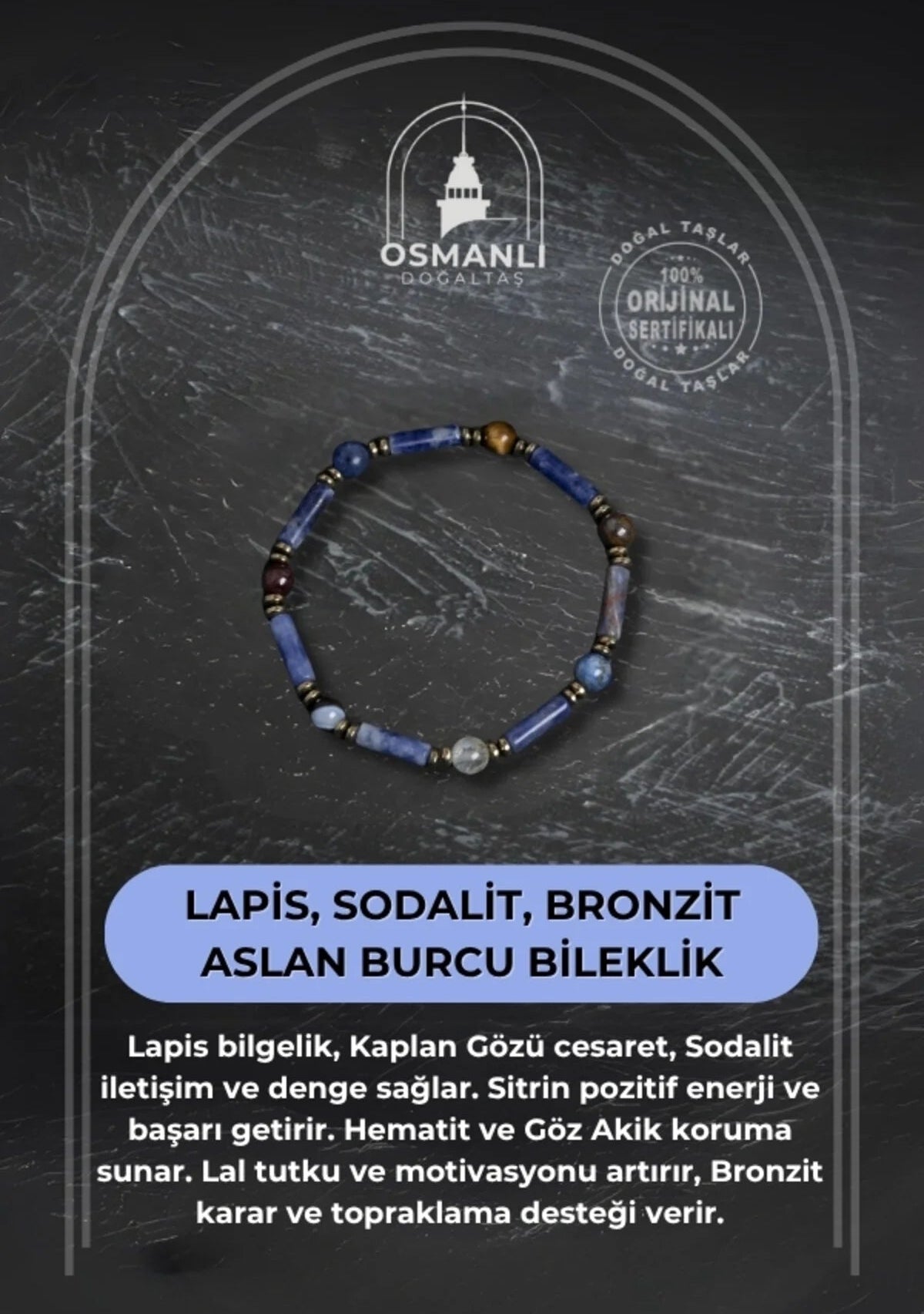 Sertifikalı Lapis, Sodalit ve Bronzit Aslan Burcu Bileklik
