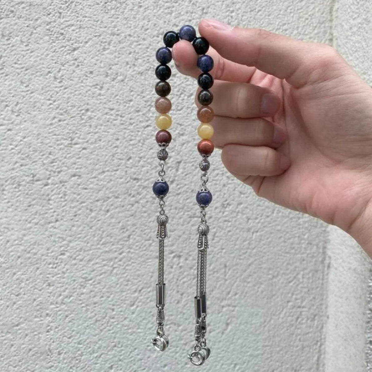 Aslan Burcu Zaza Tesbih Doğal Taş Bronzit, Dumortierit, Güneş Taşı, Jasper, Kalsit, Siyah Göz Akik