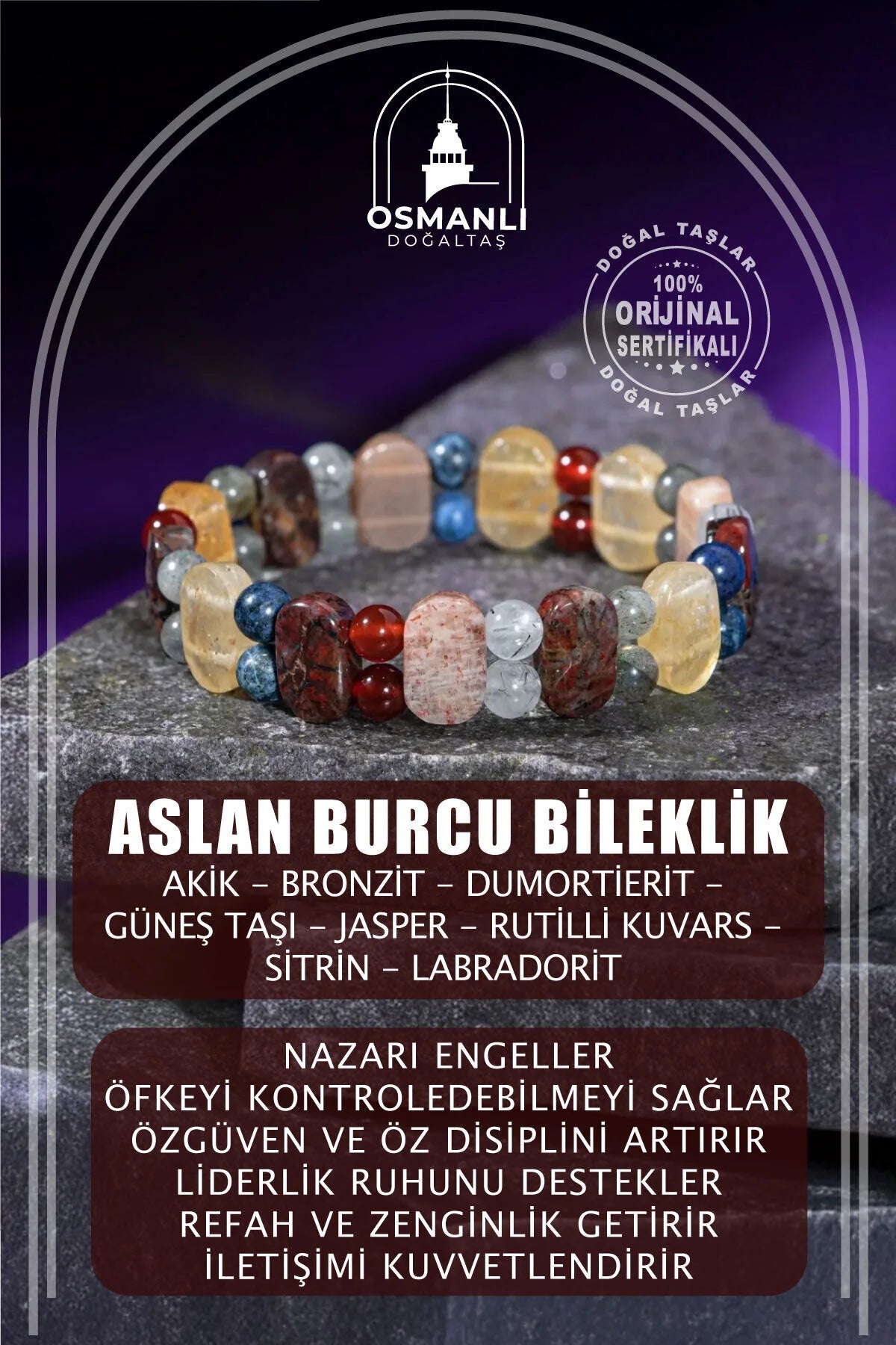 Aslan Burcu Bileklik Bronzit, Dumortierit, Güneş Taşı, Jasper, Kırmızı Akik, Labradorit, Rutilli Kuvars, Sitrin