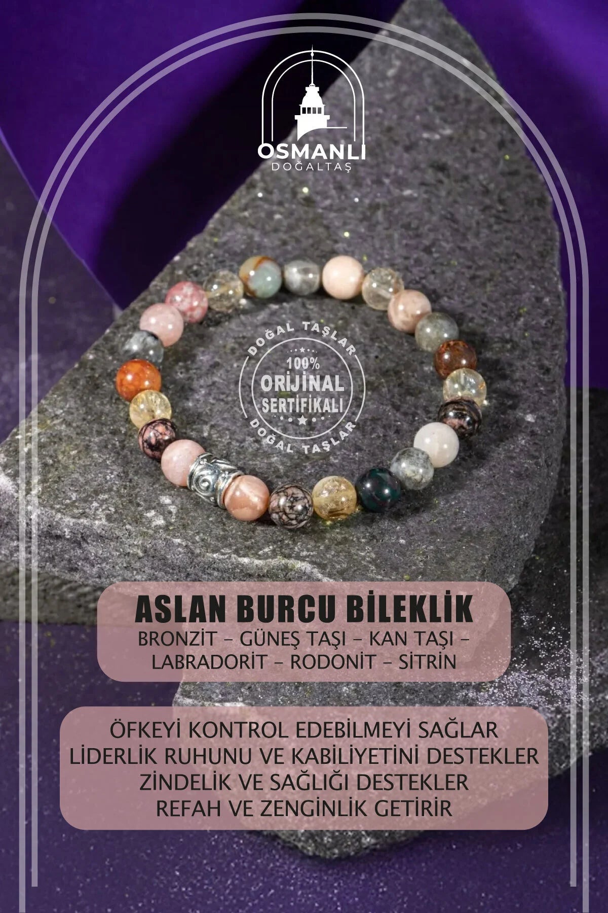 Aslan Burcu Bileklik Bronzit, Güneş Taşı, Kan Taşı, Labradorit, Rodonit, Sitrin