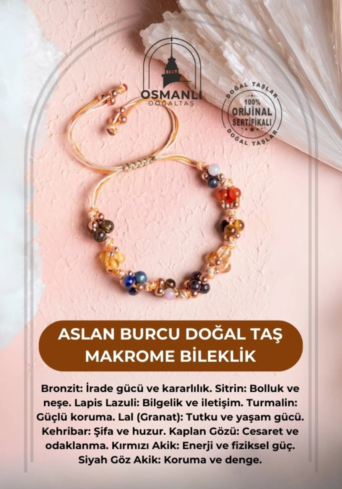 Sertifikalı Aslan Burcu Doğal Taş Makrome Bileklik