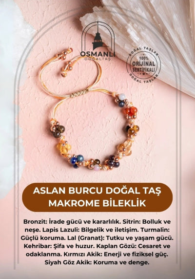 Sertifikalı Aslan Burcu Doğal Taş Makrome Bileklik