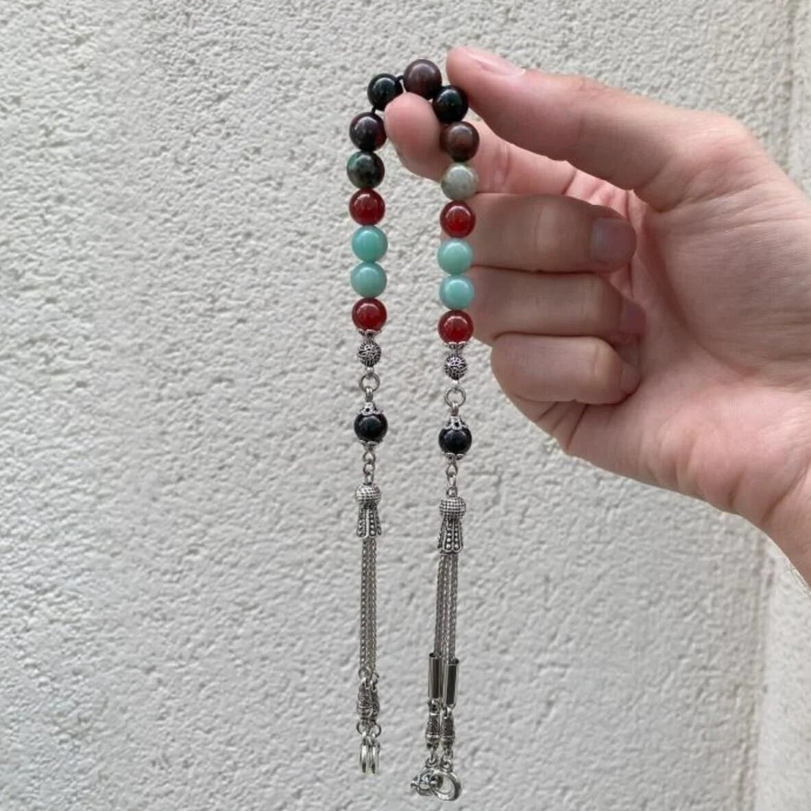 Başak Burcu Zaza Tesbih Doğal Taş Amazonit, Jasper, Kırmızı Akik, Krizokol, Siyah Turmalin