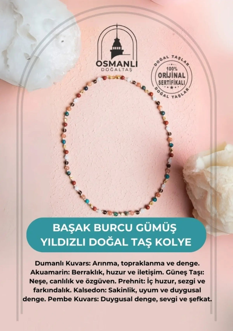 Sertifikalı Başak Burcu Gümüş Yıldızlı Doğal Taş Kolye