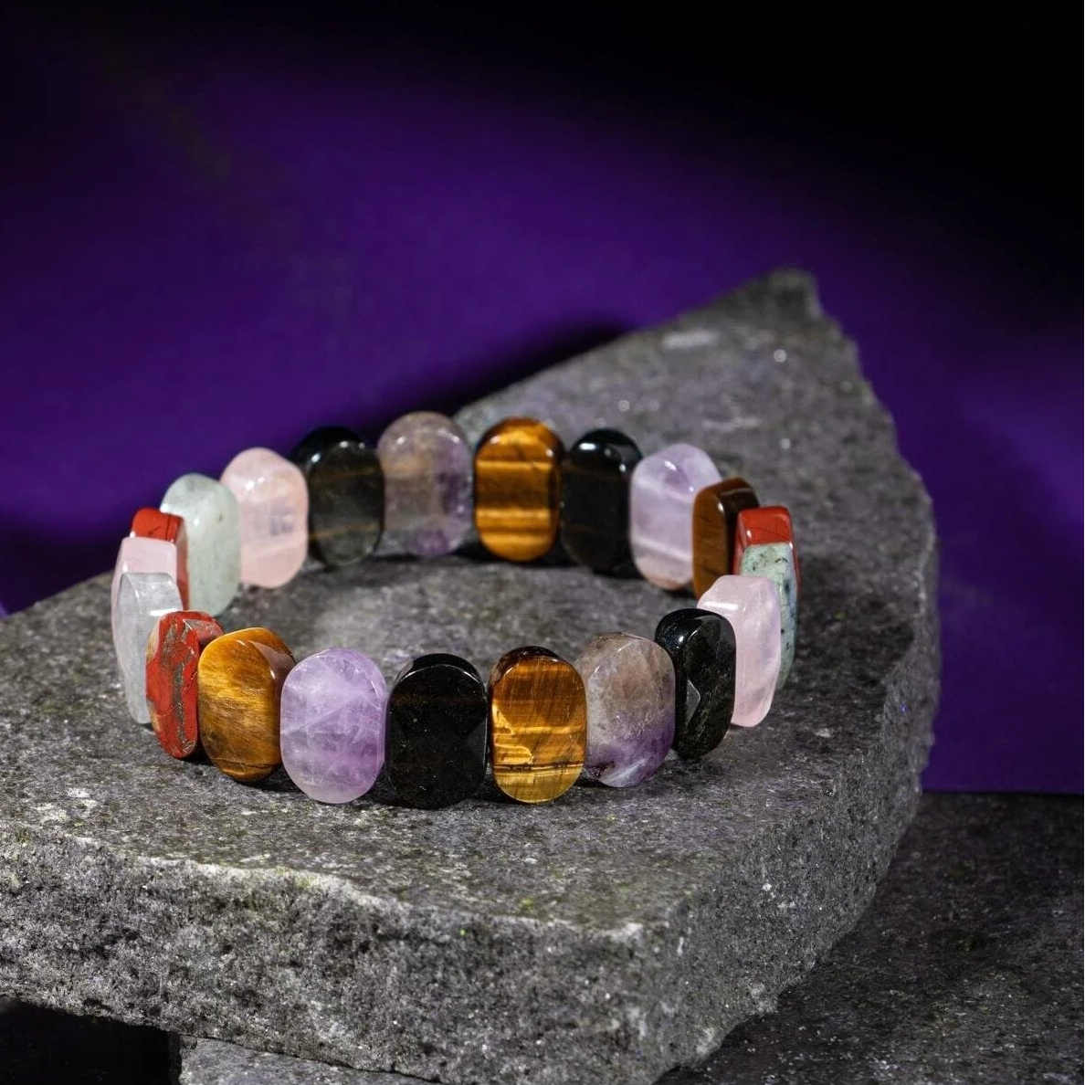 Başak Burcu Bileklik Ametist, Golden Obsidyen, Kaplan Gözü, Labradorit, Pembe Kuvars, Yosunlu Akik