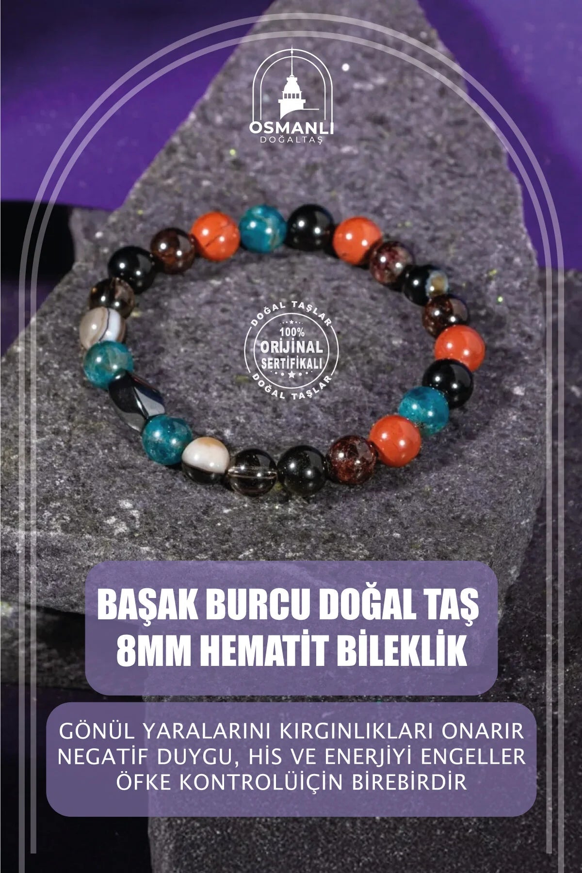 Başak Burcu Bileklik Bordo Granat Lal, Dumanlı Kuvars, Golden Obsidyen, Jasper, Mavi Apatit, Siyah Göz Akik