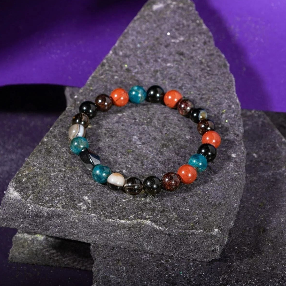 Başak Burcu Bileklik Bordo Granat Lal, Dumanlı Kuvars, Golden Obsidyen, Jasper, Mavi Apatit, Siyah Göz Akik