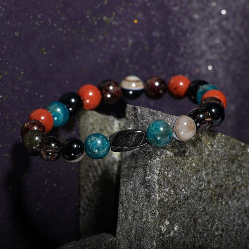 Başak Burcu Bileklik Bordo Granat Lal, Dumanlı Kuvars, Golden Obsidyen, Jasper, Mavi Apatit, Siyah Göz Akik