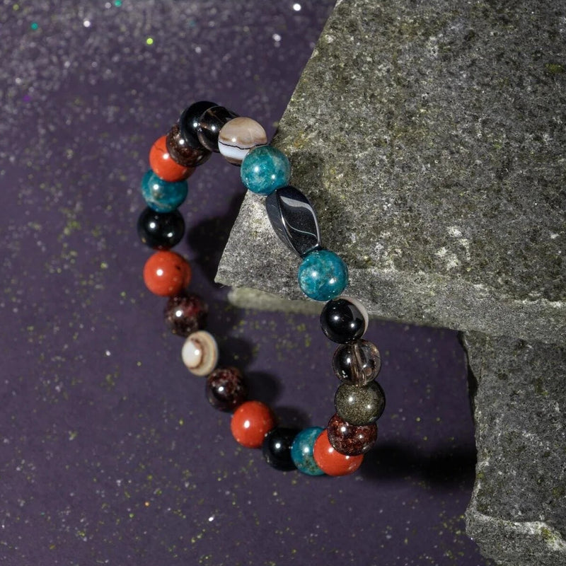 Başak Burcu Bileklik Bordo Granat Lal, Dumanlı Kuvars, Golden Obsidyen, Jasper, Mavi Apatit, Siyah Göz Akik