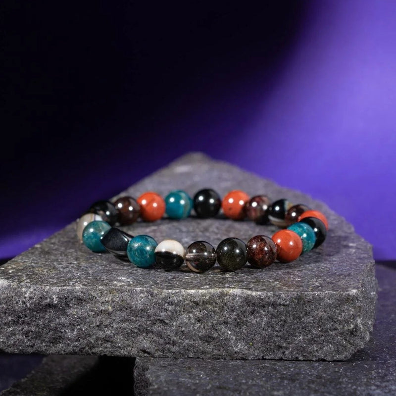 Başak Burcu Bileklik Bordo Granat Lal, Dumanlı Kuvars, Golden Obsidyen, Jasper, Mavi Apatit, Siyah Göz Akik