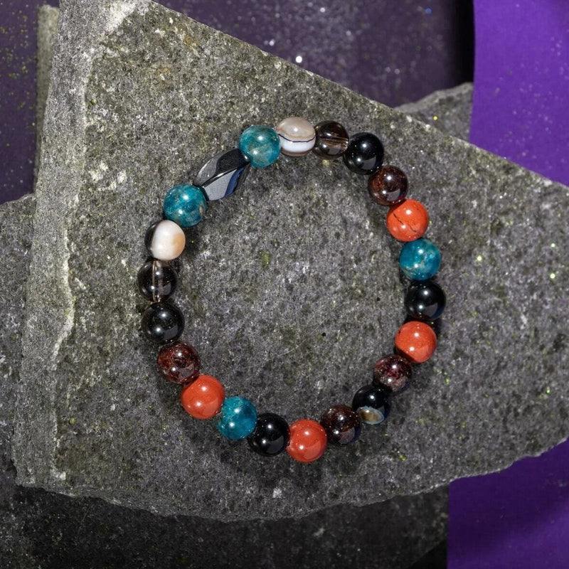 Başak Burcu Bileklik Bordo Granat Lal, Dumanlı Kuvars, Golden Obsidyen, Jasper, Mavi Apatit, Siyah Göz Akik