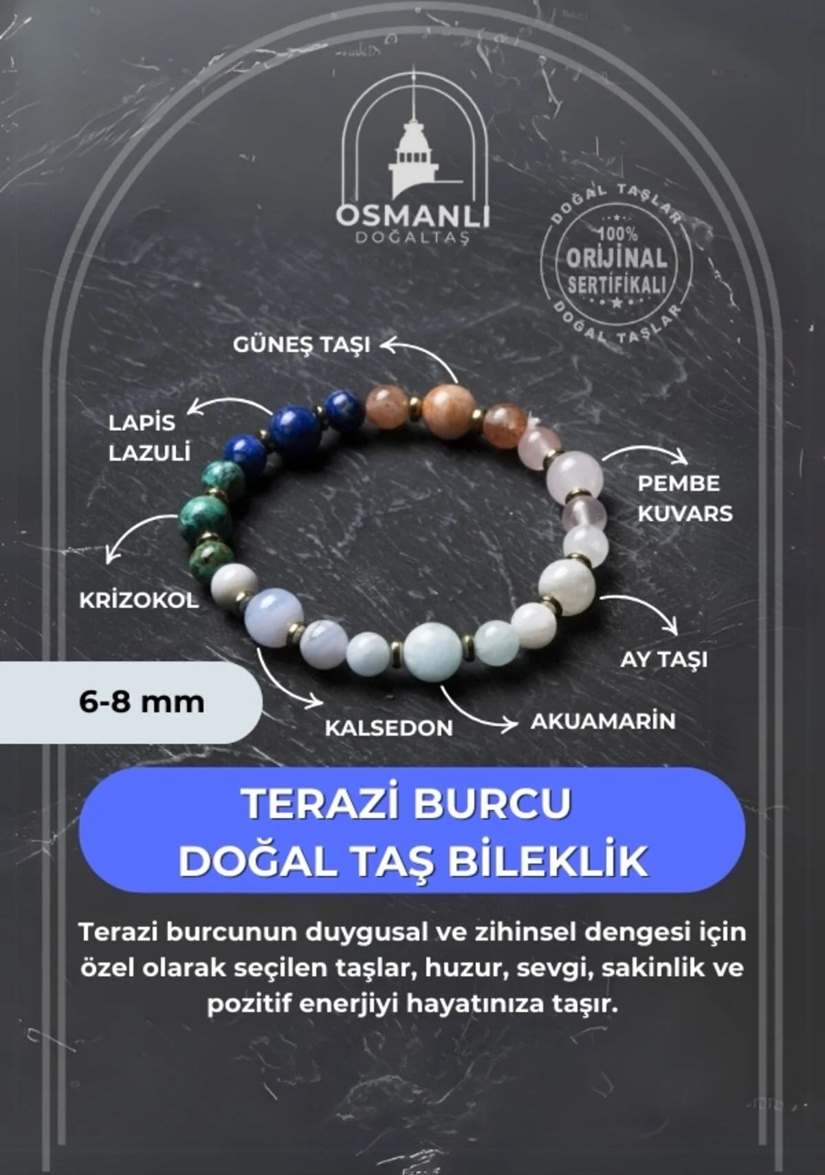 Osmanlı Doğal Taş Sertifikalı Terazi Burcu Doğal Taş Bileklik