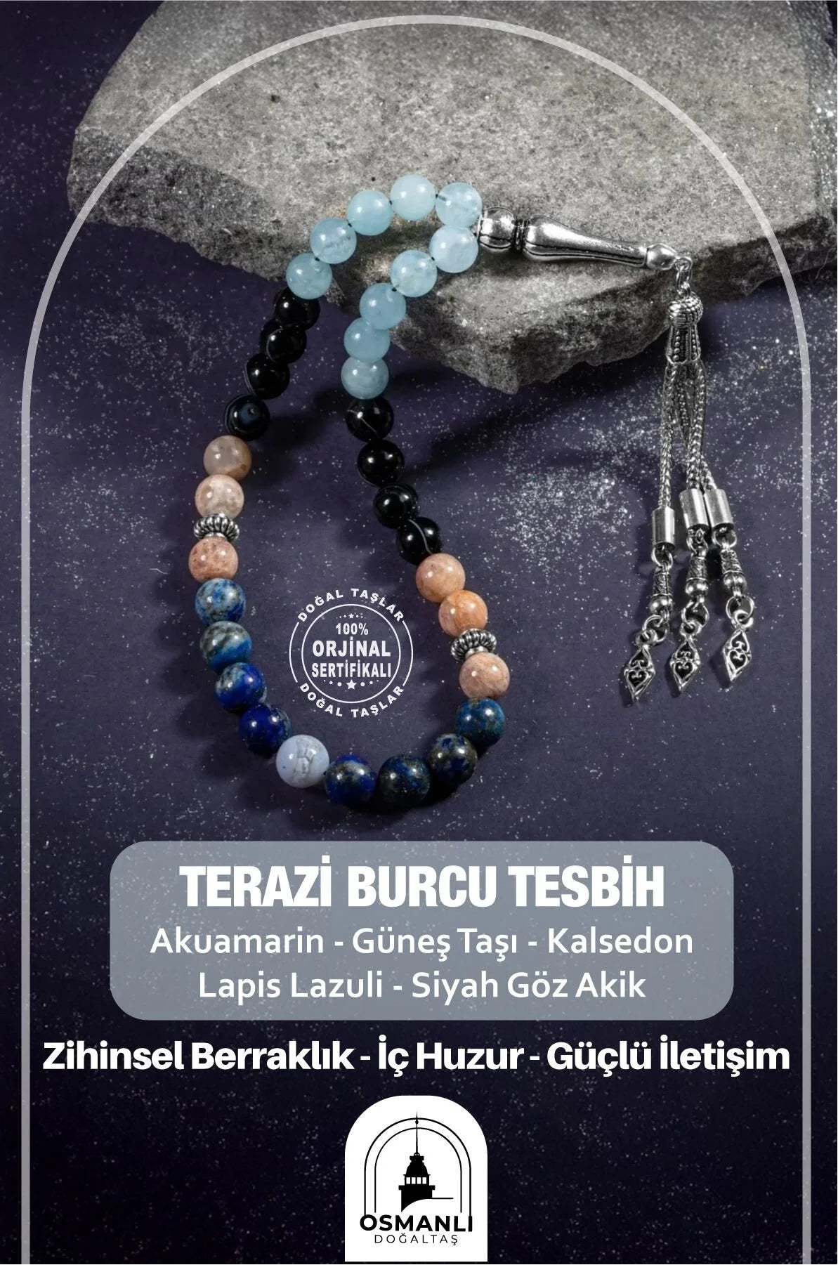 Terazi Burcu Tesbih Akuamarin, Güneş Taşı, Kalsedon, Lapis Lazuli, Siyah Göz Akik
