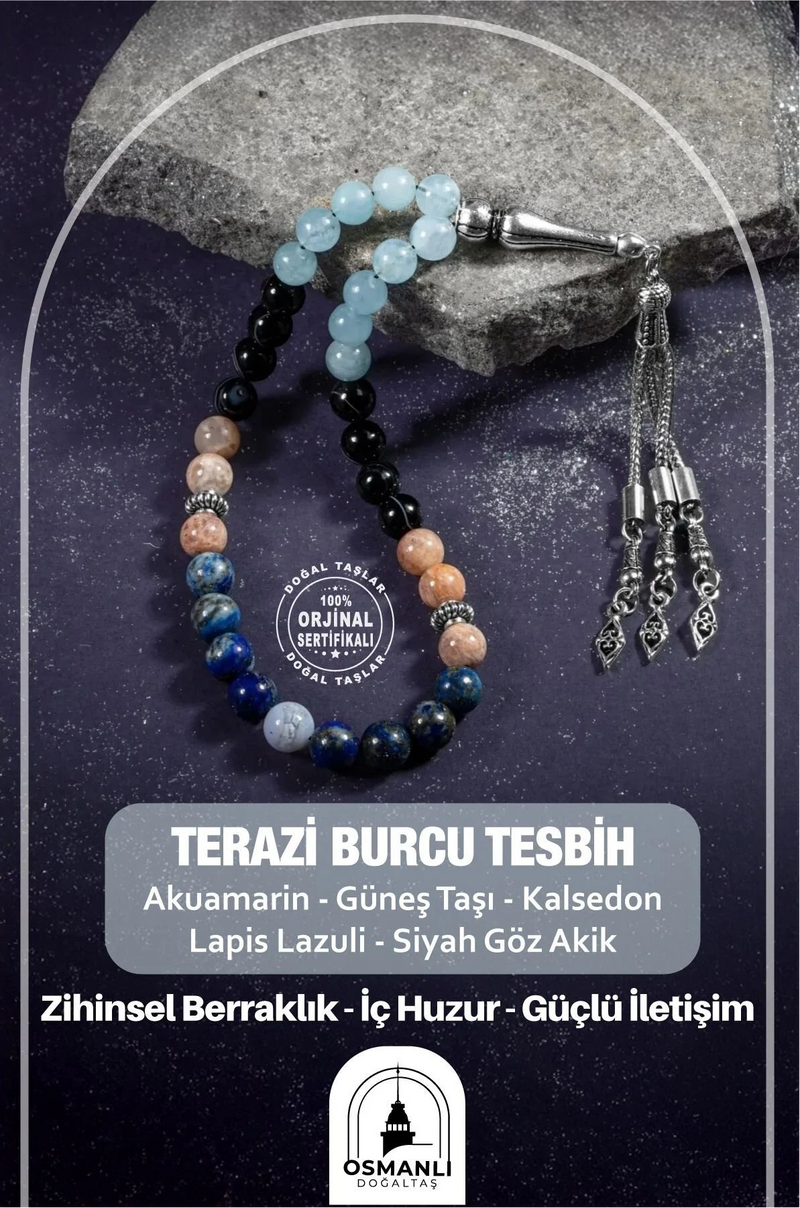 Terazi Burcu Tesbih Akuamarin, Güneş Taşı, Kalsedon, Lapis Lazuli, Siyah Göz Akik