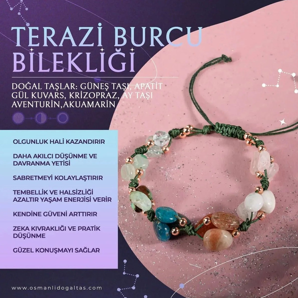 Terazi Burcu Bileklik Akuamarin, Ay Taşı, Güneş Taşı, Krizopras, Mavi Apatit, Pembe Kuvars, Yeşil Aventurin