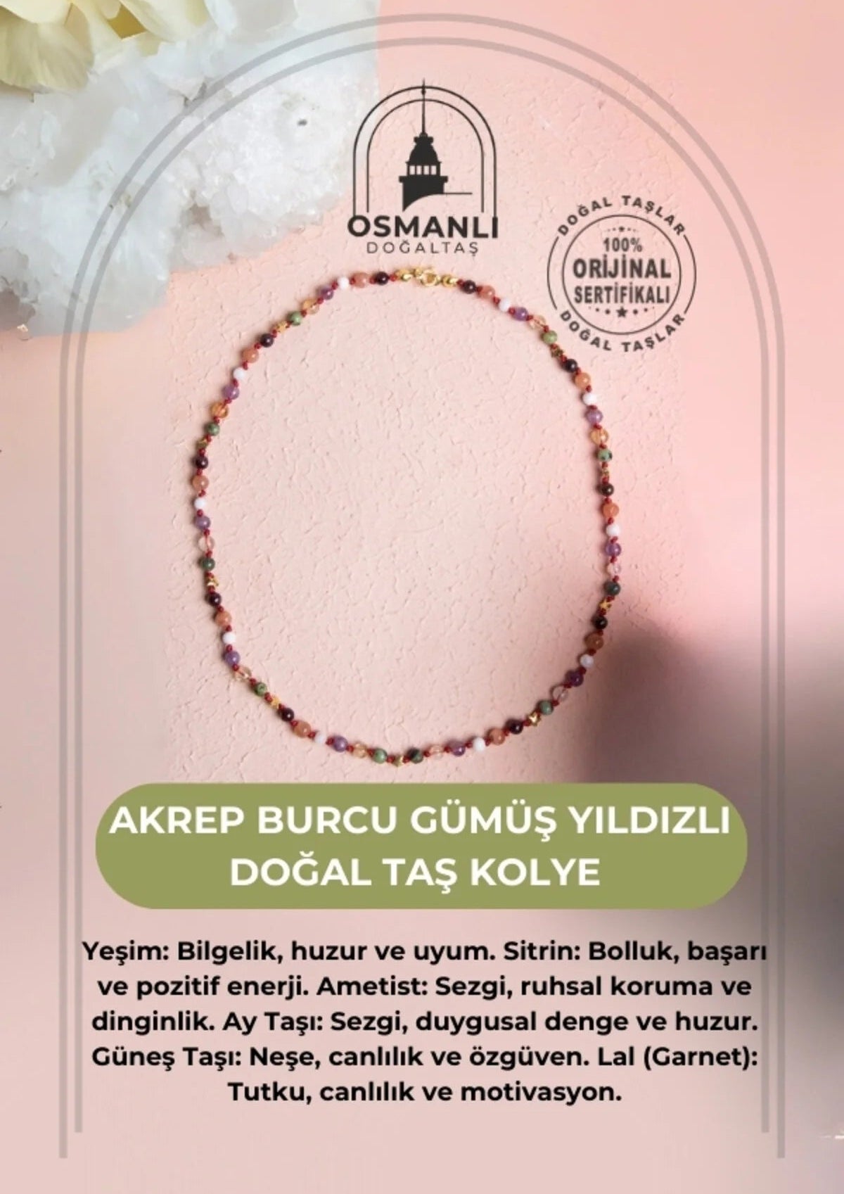 Sertifikalı Akrep Burcu Gümüş Yıldızlı Doğal Taş Kolye