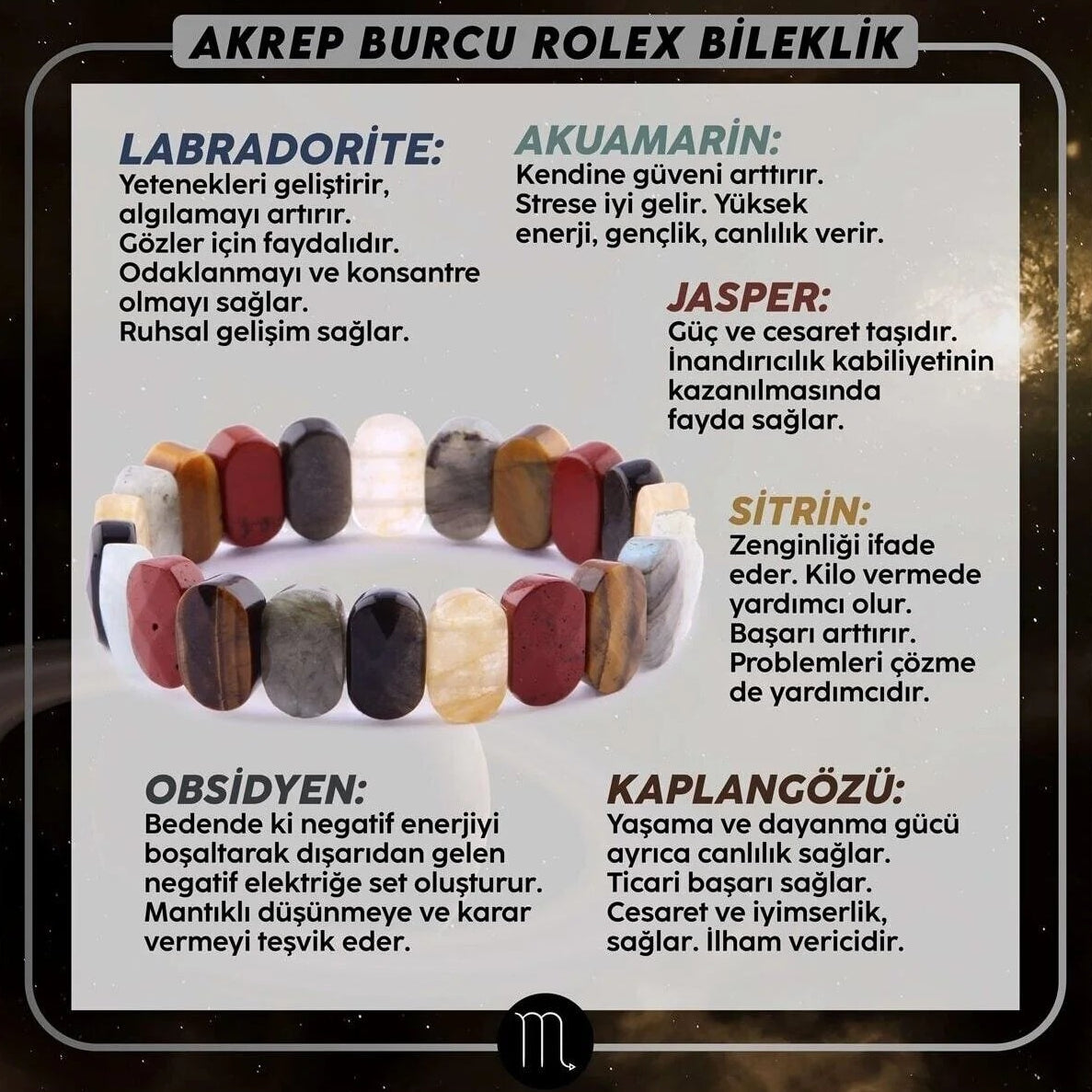 Sertifikalı Akrep Burcu Rolex Doğal Taş Bileklik (SK:345)