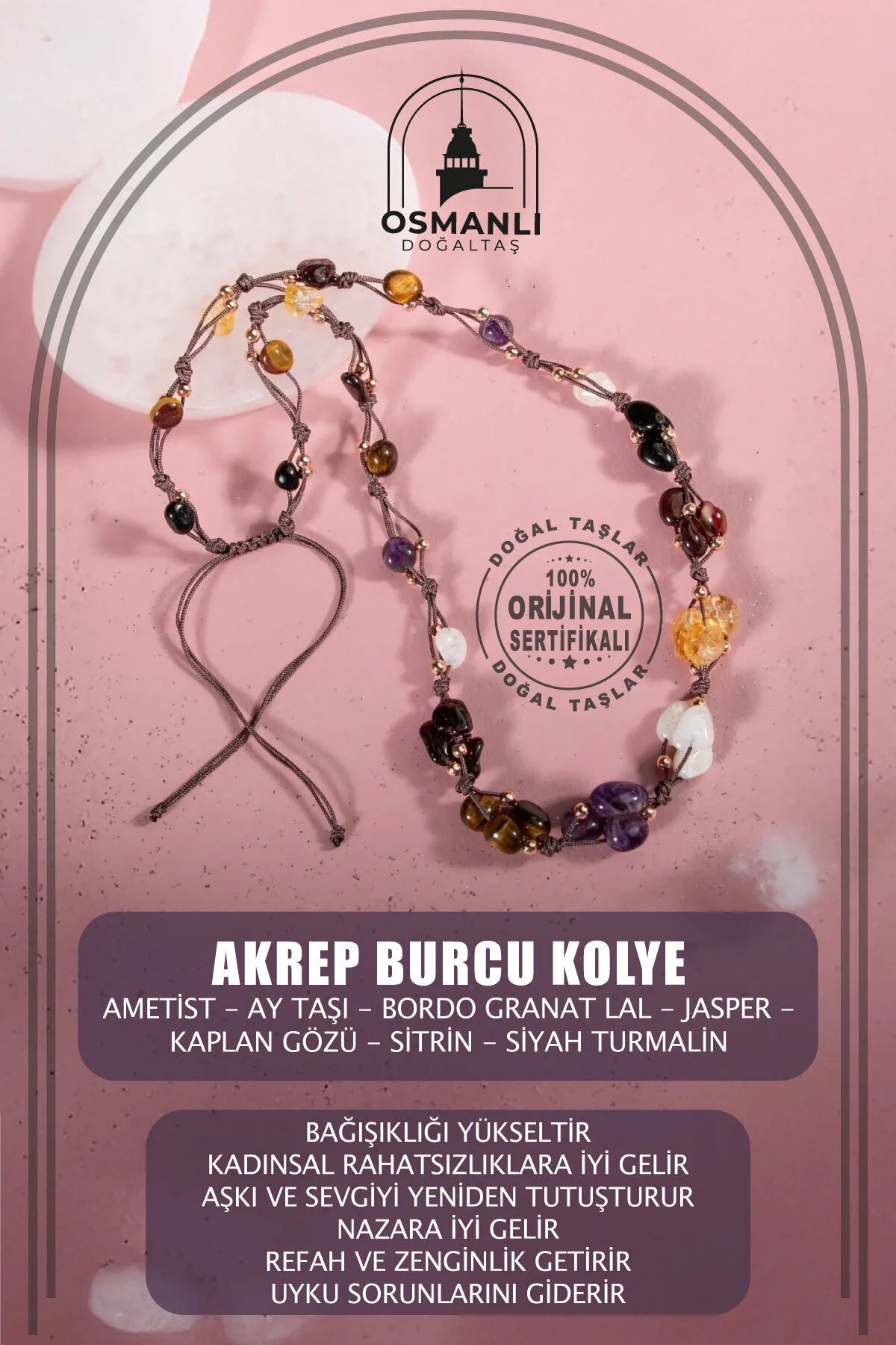 Akrep Burcu Kolye Ametist, Ay Taşı, Bordo Granat Lal, Jasper, Kaplan Gözü, Sitrin, Siyah Turmalin