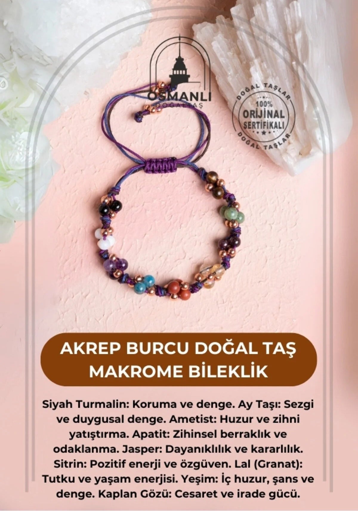 Sertifikalı Akrep Burcu Doğal Taş Makrome Bileklik