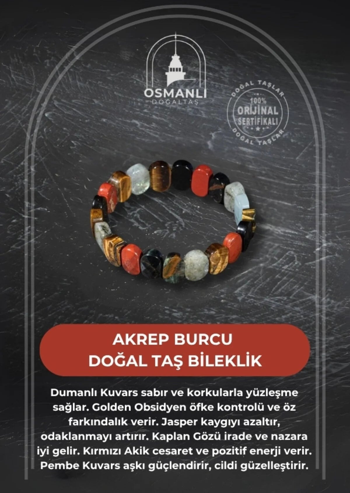 Akrep Burcu Bileklik Dumanlı Kuvars, Golden Obsidyen, Jasper, Kaplan Gözü, Kırmızı Akik, Pembe Kuvars