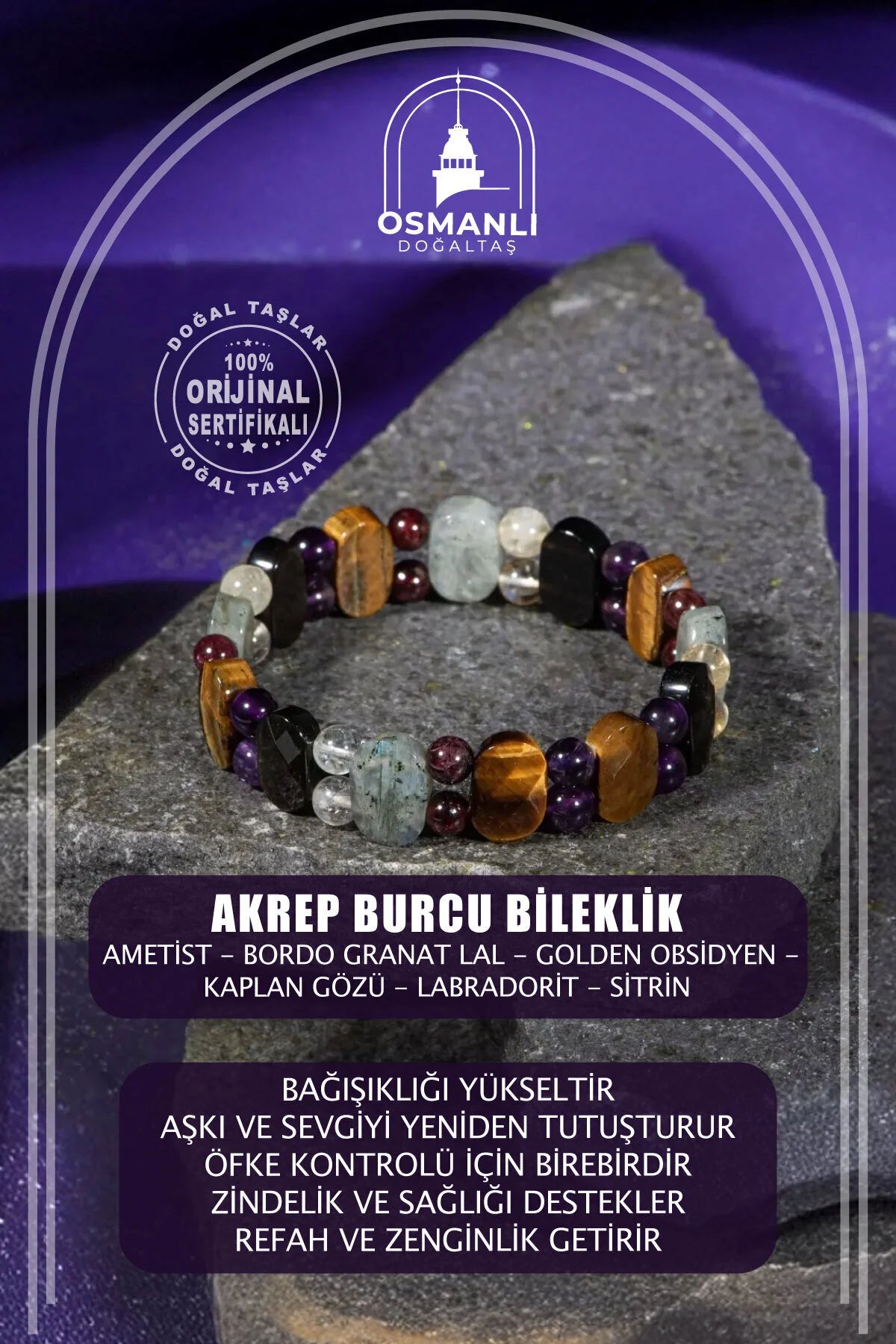 Akrep Burcu Bileklik Ametist, Bordo Granat Lal, Golden Obsidyen, Kaplan Gözü, Labradorit, Sitrin