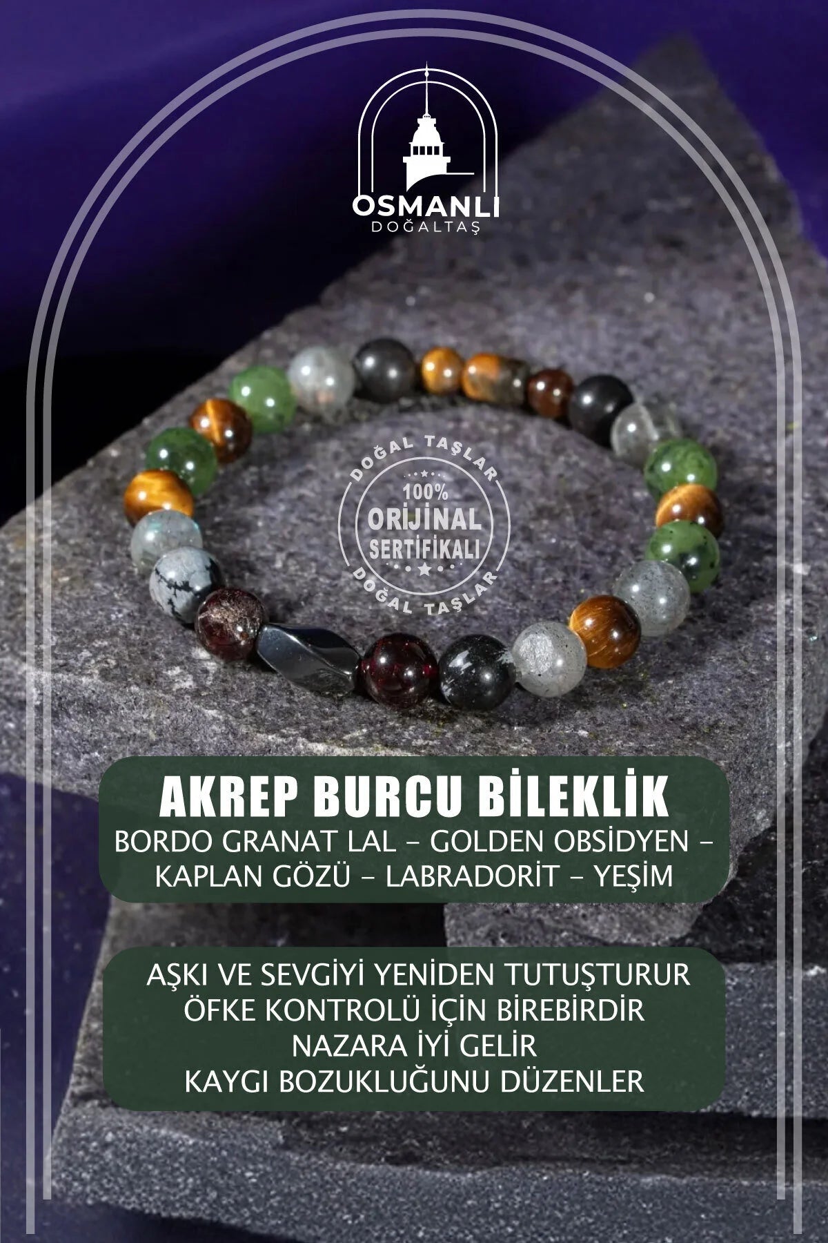 Akrep Burcu Bileklik Bordo Granat Lal, Golden Obsidyen, Kaplan Gözü, Labradorit, Yeşim