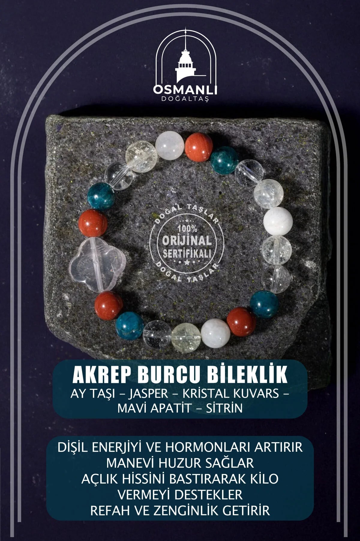 Akrep Burcu Bileklik Ay Taşı, Jasper, Kristal Kuvars, Mavi Apatit, Sitrin
