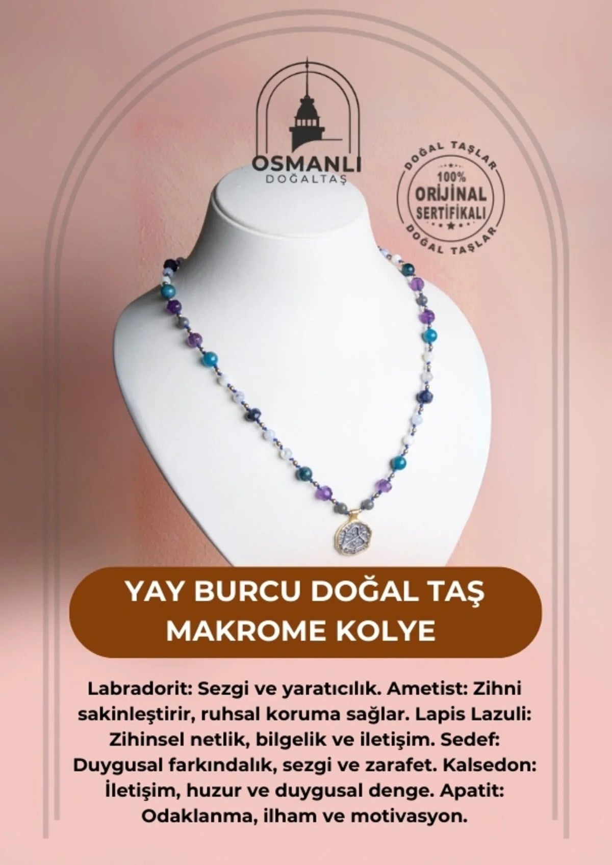 Sertifikalı Yay Burcu Doğal Taş Makrome Kolye
