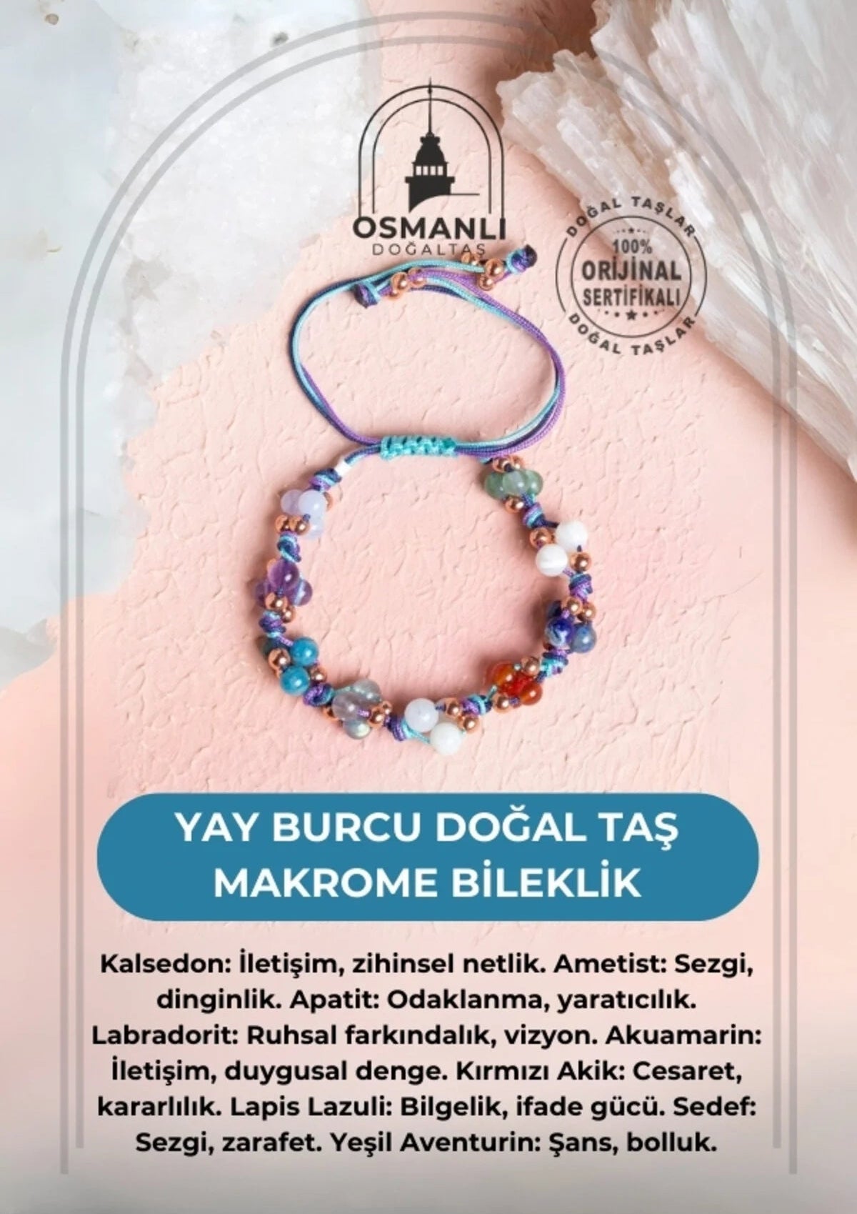Sertifikalı Yay Burcu Doğal Taş Makrome Bileklik