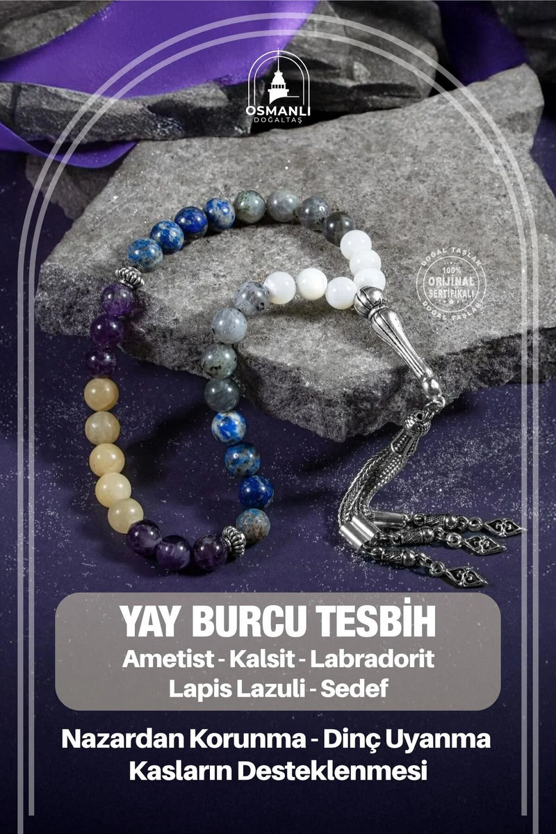 Yay Burcu Tesbih Ametist, Kalsit, Labradorit, Lapis Lazuli, Sedef