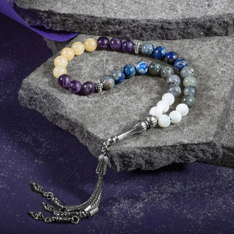 Yay Burcu Tesbih Ametist, Kalsit, Labradorit, Lapis Lazuli, Sedef