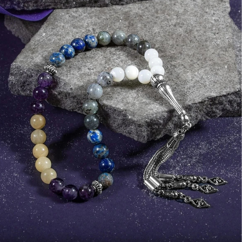 Yay Burcu Tesbih Ametist, Kalsit, Labradorit, Lapis Lazuli, Sedef