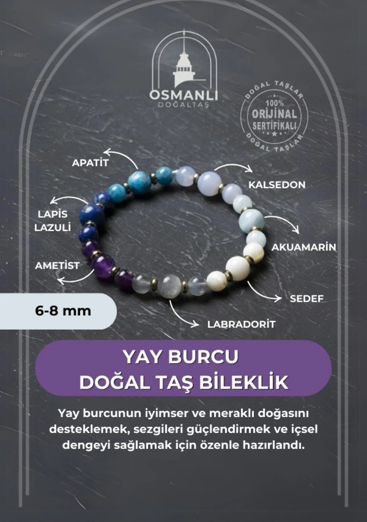 Osmanlı Doğal Taş Sertifikalı Yay Burcu Doğal Taş Bileklik