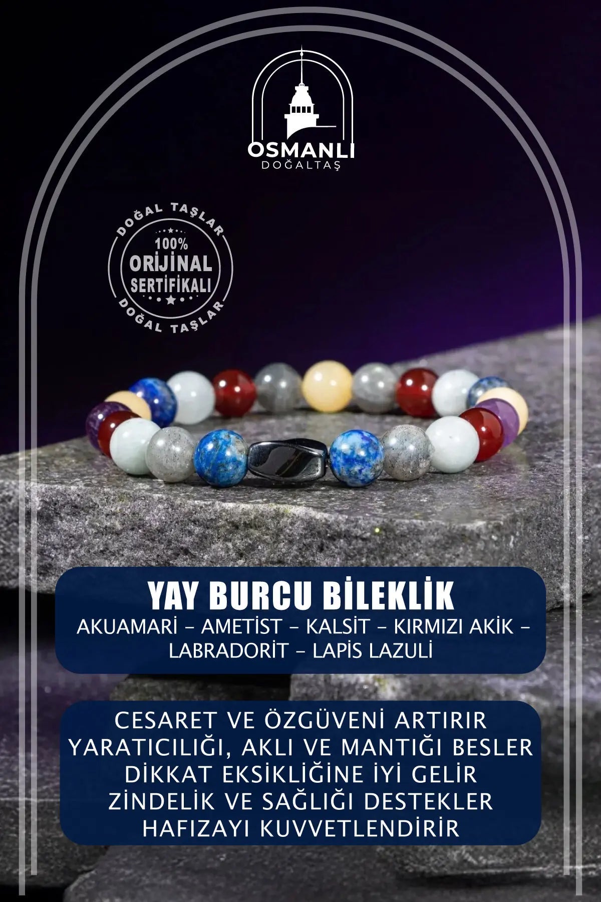 Yay Burcu Bileklik Akuamarin, Ametist, Kalsit, Kırmızı Akik, Labradorit, Lapis Lazuli