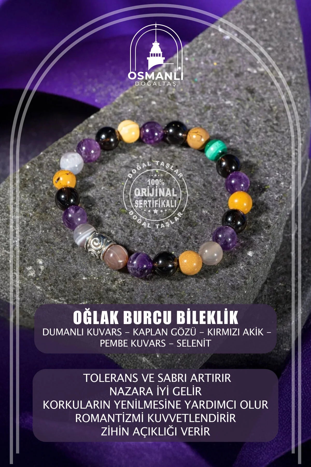 Oğlak Burcu Bileklik Dumanlı Kuvars, Kaplan Gözü, Kırmızı Akik, Pembe Kuvars, Selenit