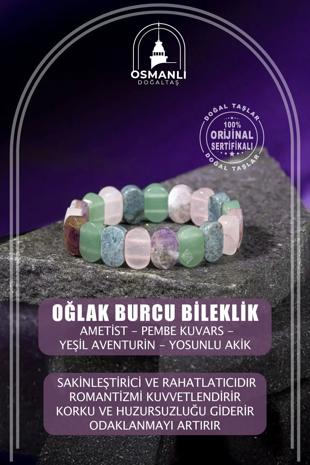 Oğlak Burcu Bileklik Ametist, Pembe Kuvars, Yeşil Aventurin, Yosunlu Akik