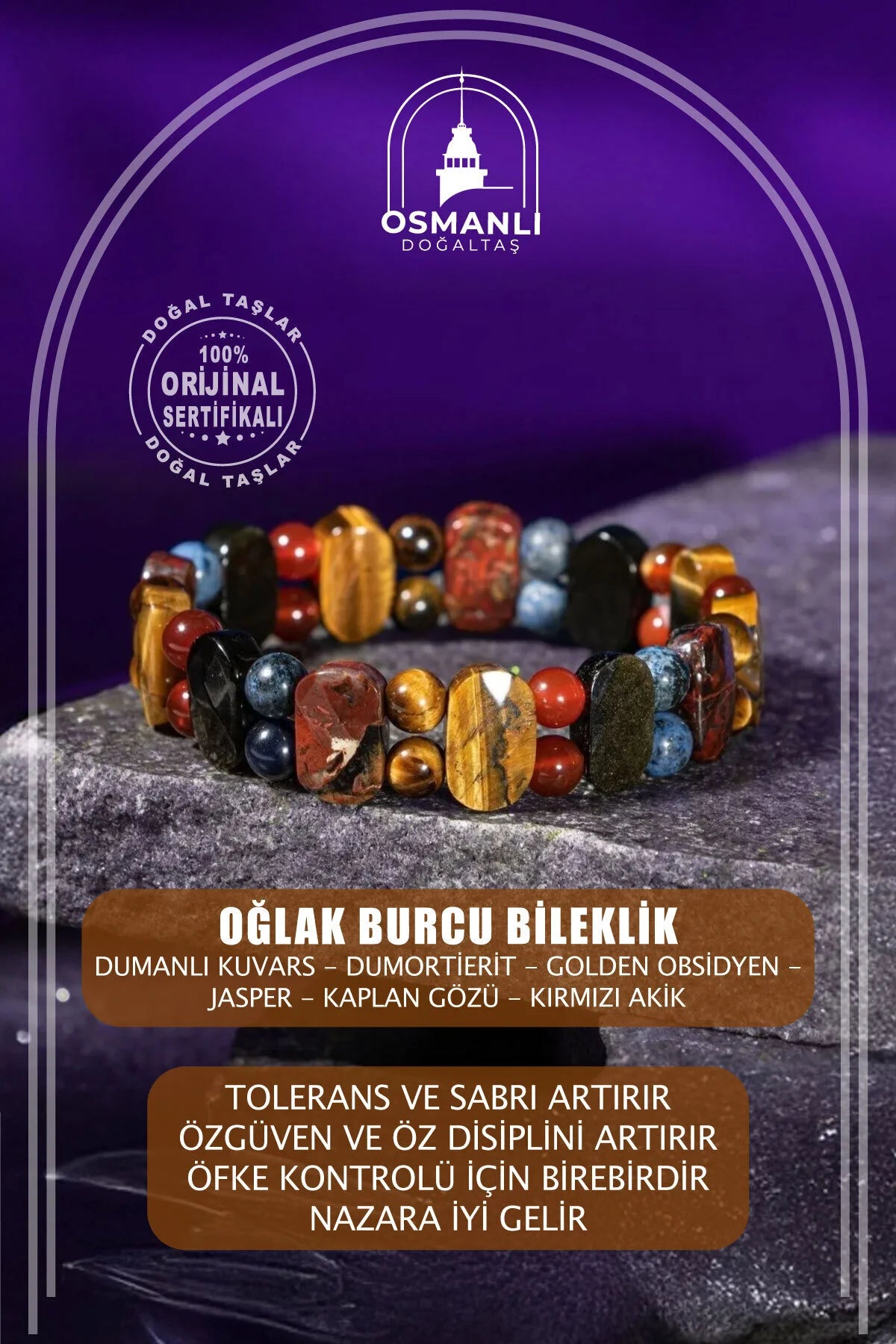 Oğlak Burcu Bileklik Dumanlı Kuvars, Dumortierit, Golden Obsidyen, Jasper, Kaplan Gözü, Kırmızı Akik