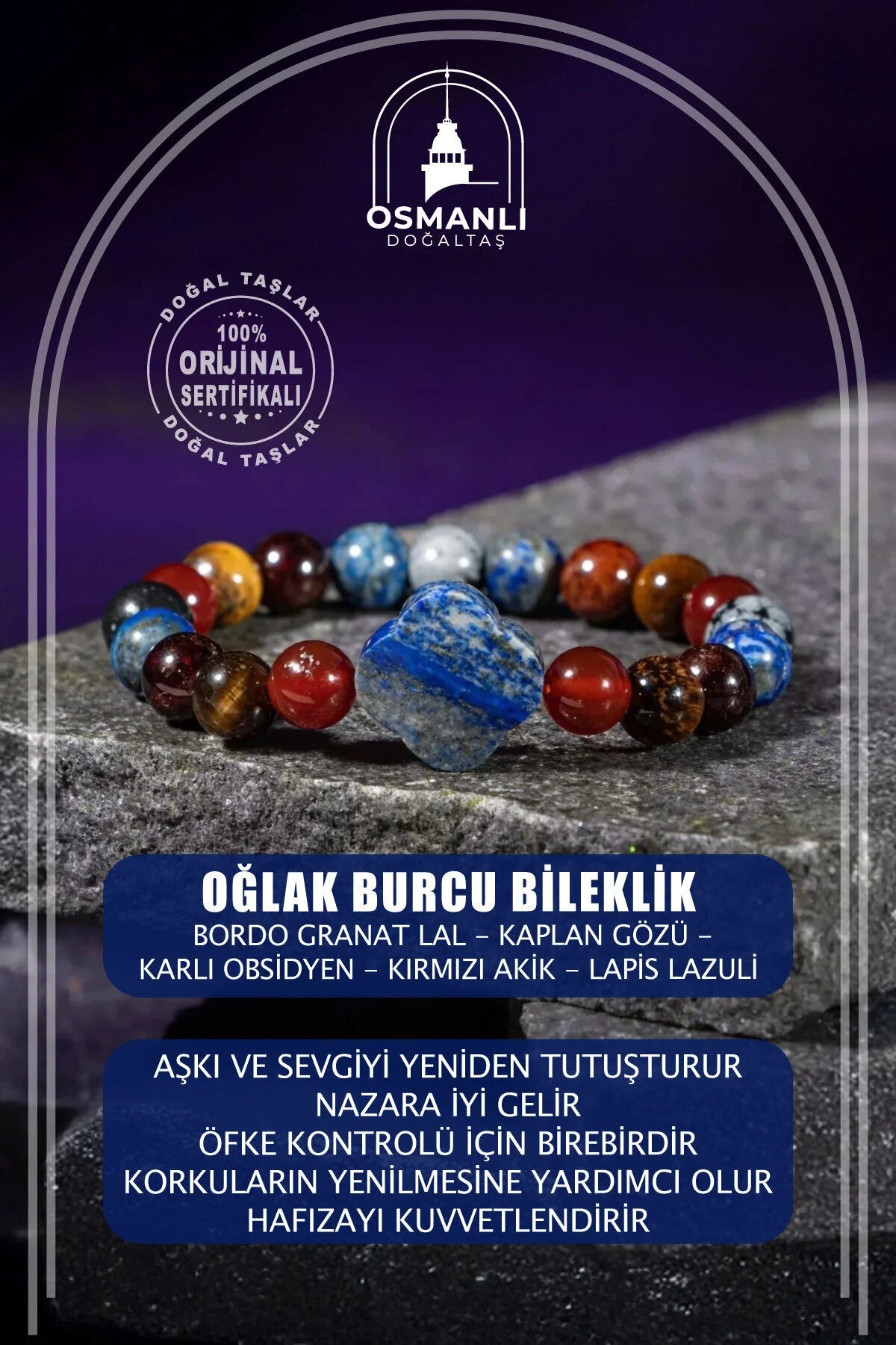 Oğlak Burcu Bileklik Bordo Granat Lal, Kaplan Gözü, Karlı Obsidyen, Kırmızı Akik, Lapis Lazuli