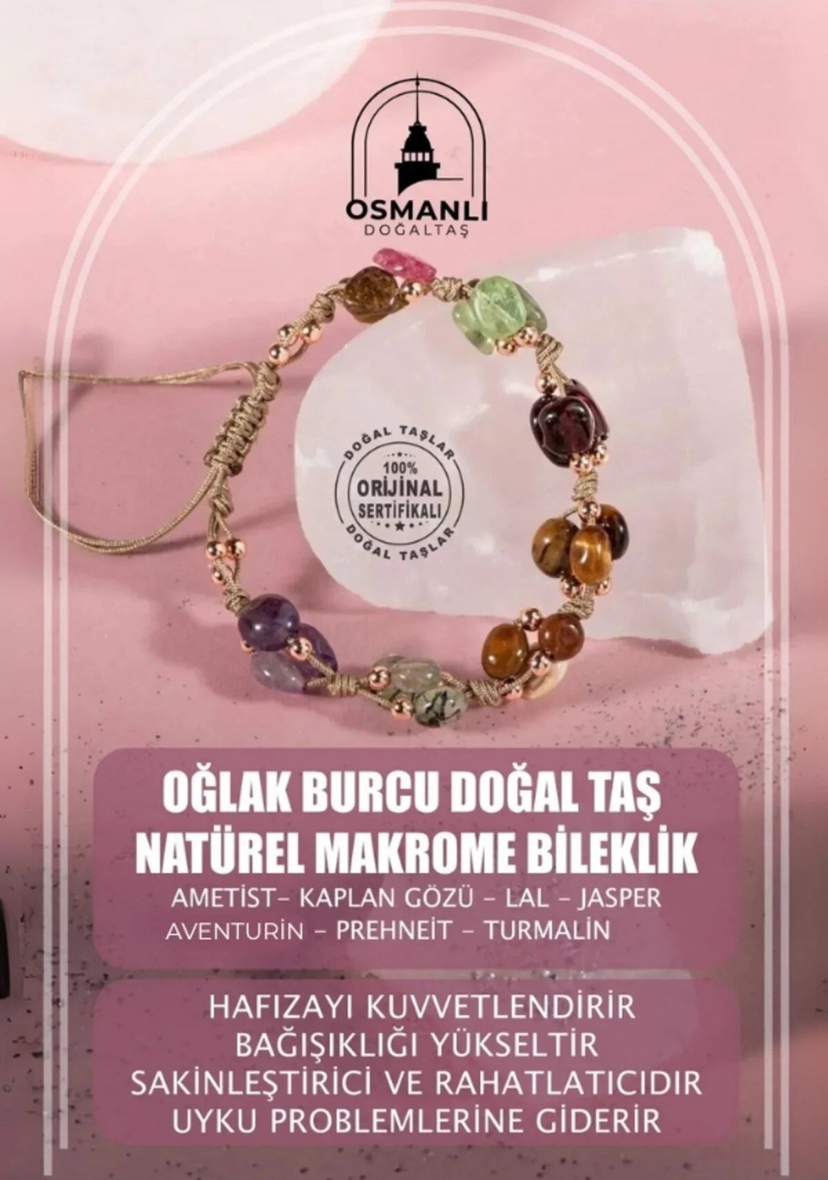 Oğlak Burcu Bileklik Ametist, Bordo Granat Lal, Jasper, Kaplan Gözü, Kunzit, Prehnit, Renkli Turmalin