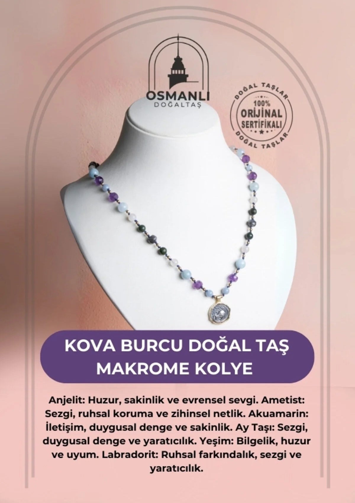 Sertifikalı Kova Burcu Doğal Taş Makrome Kolye