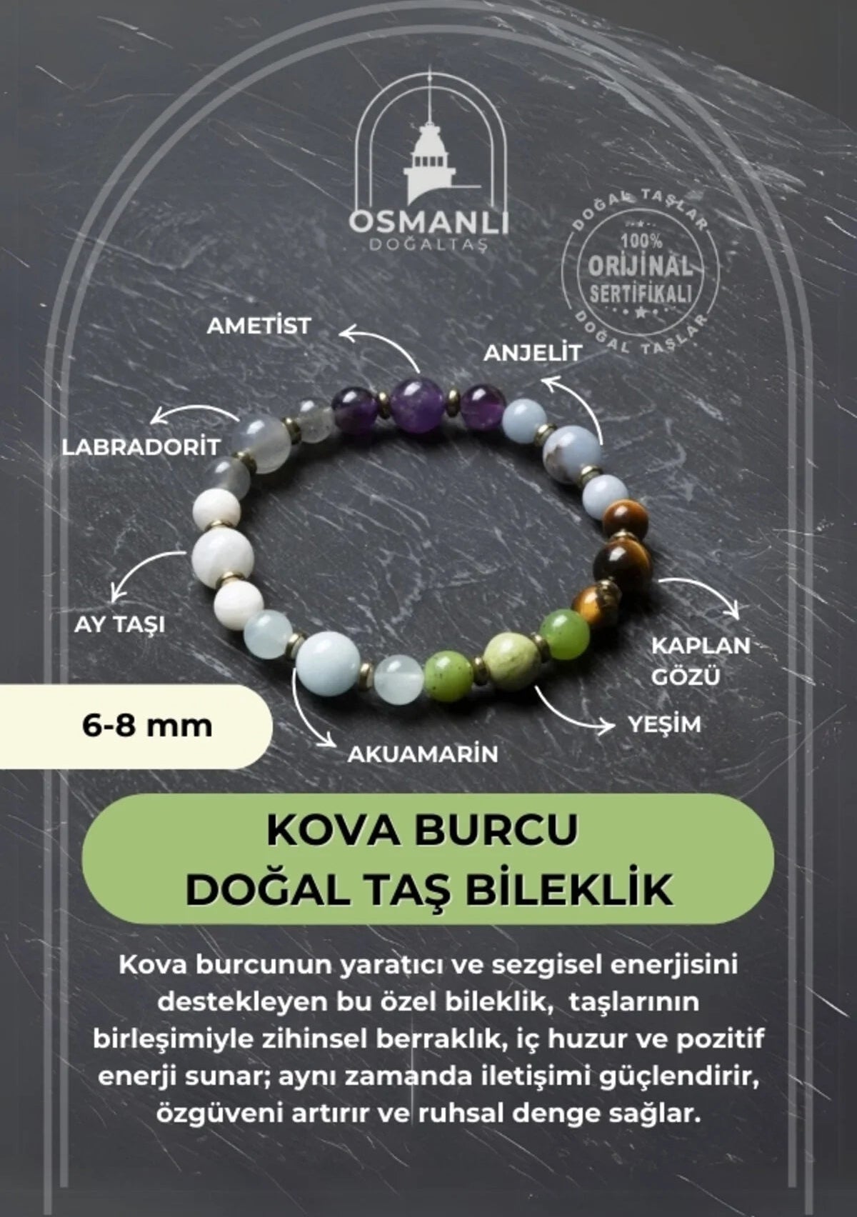 Osmanlı Doğal Taş Sertifikalı Kova Burcu Doğal Taş Bileklik