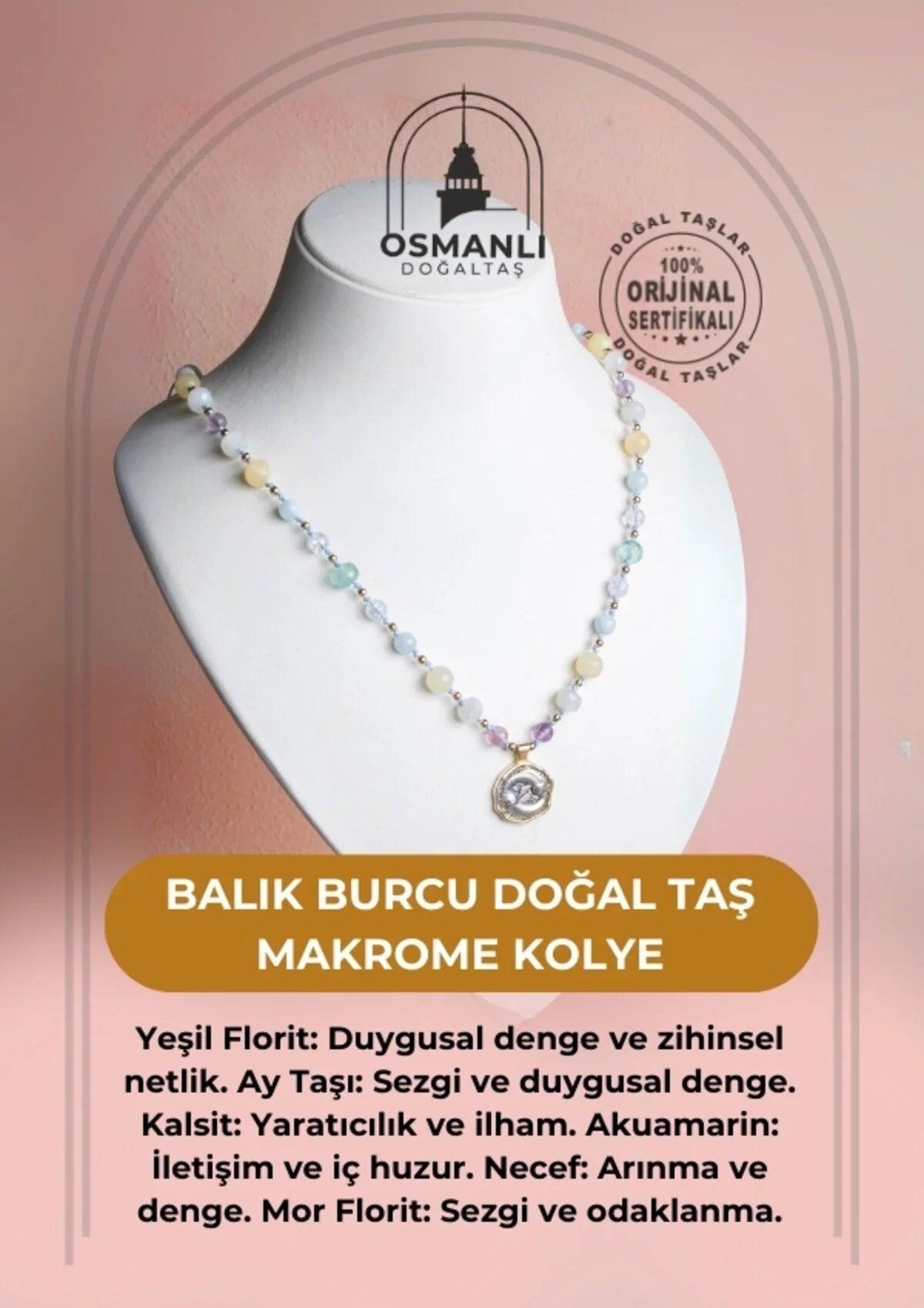 Sertifikalı Balık Burcu Doğal Taş Makrome Kolye