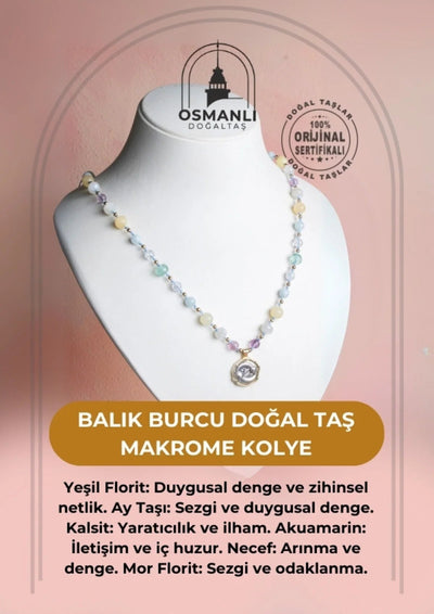 Sertifikalı Balık Burcu Doğal Taş Makrome Kolye